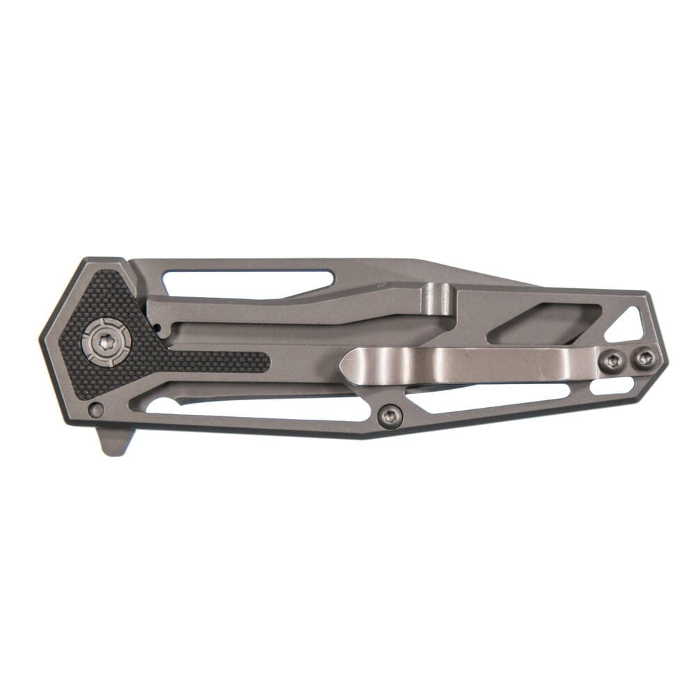 Cuchillo plegable CAGE con orificios decorativos, filo liso 6,9 cm, clip y bloqueo FrameLock