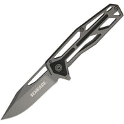 Cuchillo plegable CAGE con orificios decorativos, filo liso 6,9 cm, clip y bloqueo FrameLock