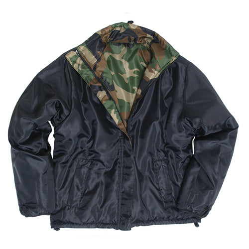 Bunda BRITSKÁ oboustranná WOODL / ČERNÁ - Chaqueta reversible con cuello alto, cremallera y dos bolsillos laterales