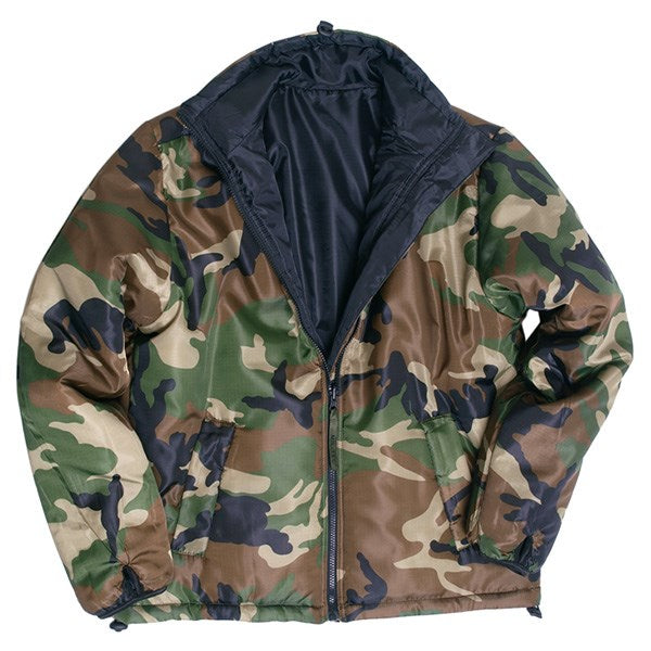 Bunda BRITSKÁ oboustranná WOODL / ČERNÁ - Chaqueta reversible con cuello alto, cremallera y dos bolsillos laterales