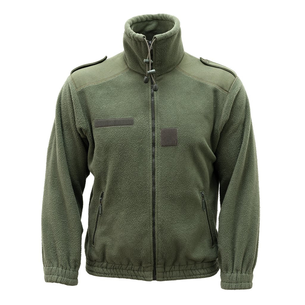 Chaqueta francesa forro polar verde usada, cuello alto, cierre y bolsillos con cremallera