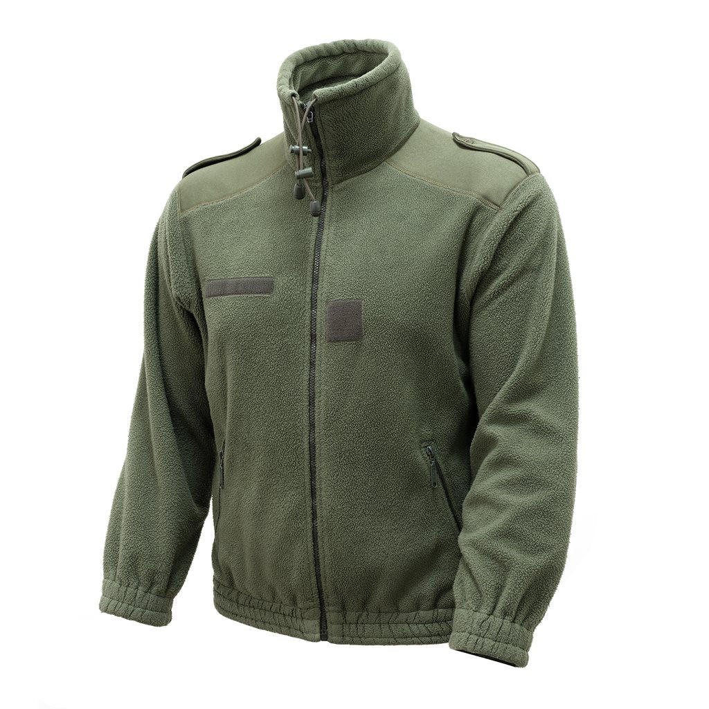 Chaqueta francesa forro polar verde usada, cuello alto, cierre y bolsillos con cremallera
