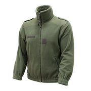 Chaqueta francesa forro polar verde usada, cuello alto, cierre y bolsillos con cremallera