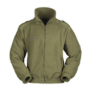 Chaqueta fleece verde estilo francés con cuello alto, cierre y refuerzos en hombros y codos