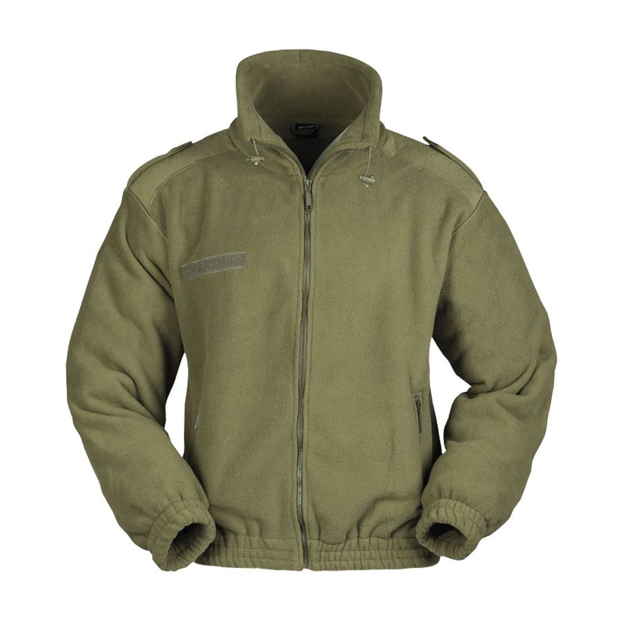 Chaqueta fleece verde estilo francés con cuello alto, cierre y refuerzos en hombros y codos