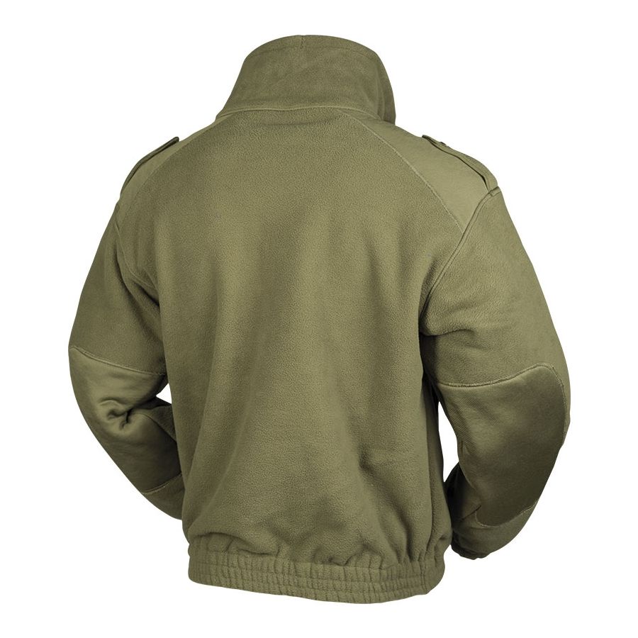 Chaqueta fleece verde estilo francés con cuello alto, cierre y refuerzos en hombros y codos