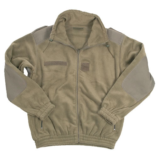 Chaqueta fleece verde estilo francés con cuello alto, cierre y refuerzos en hombros y codos
