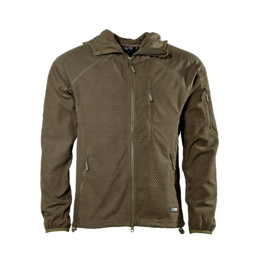 Chaqueta polar verde DELTA con cremallera y capucha, textura waffle, refuerzos elásticos en codos y hombros