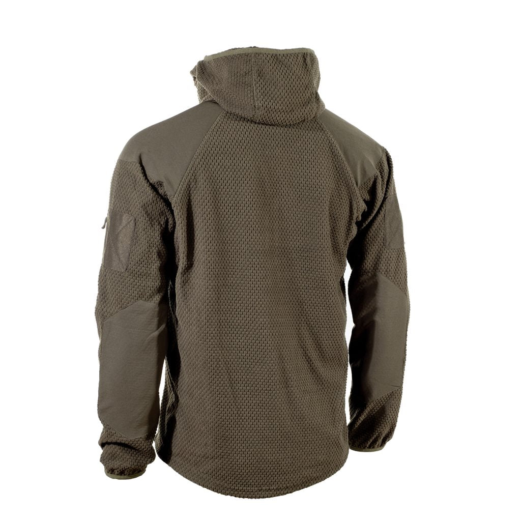 Chaqueta polar verde DELTA con cremallera y capucha, textura waffle, refuerzos elásticos en codos y hombros