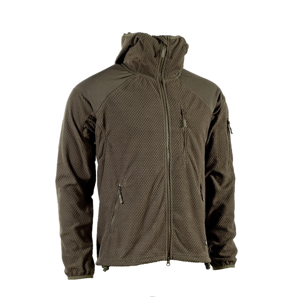 Chaqueta polar verde DELTA con cremallera y capucha, textura waffle, refuerzos elásticos en codos y hombros