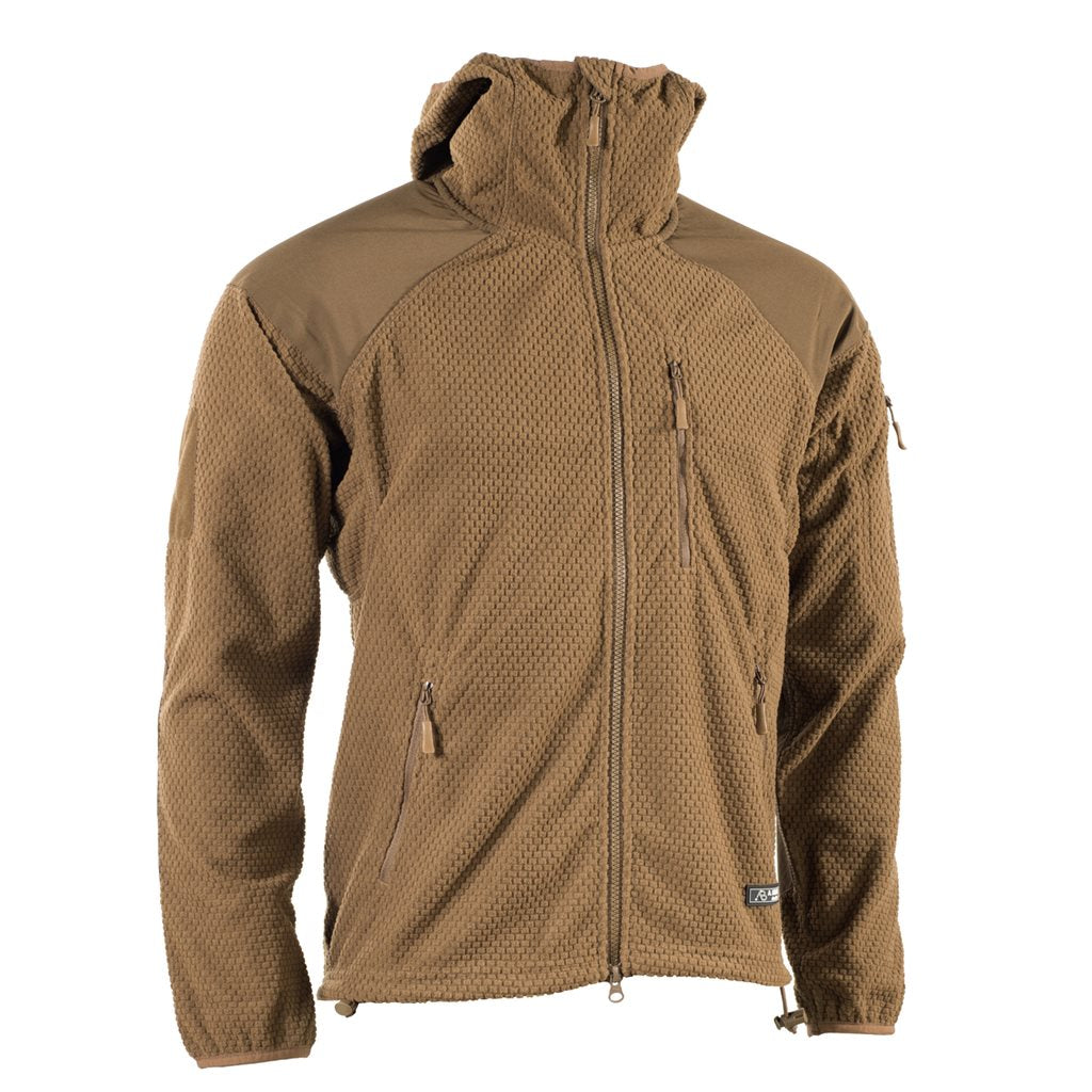 Sudadera fleece DELTA COYOTE con cremallera y capucha, tejido tipo gofre y refuerzos en codos y hombros