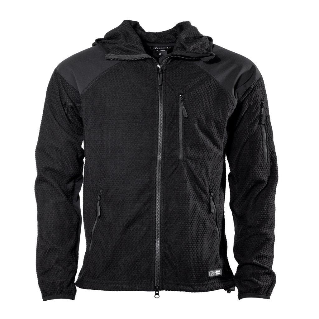 Chaqueta polar DELTA negra con cremallera y capucha, tejido vafle y refuerzos en hombros y codos