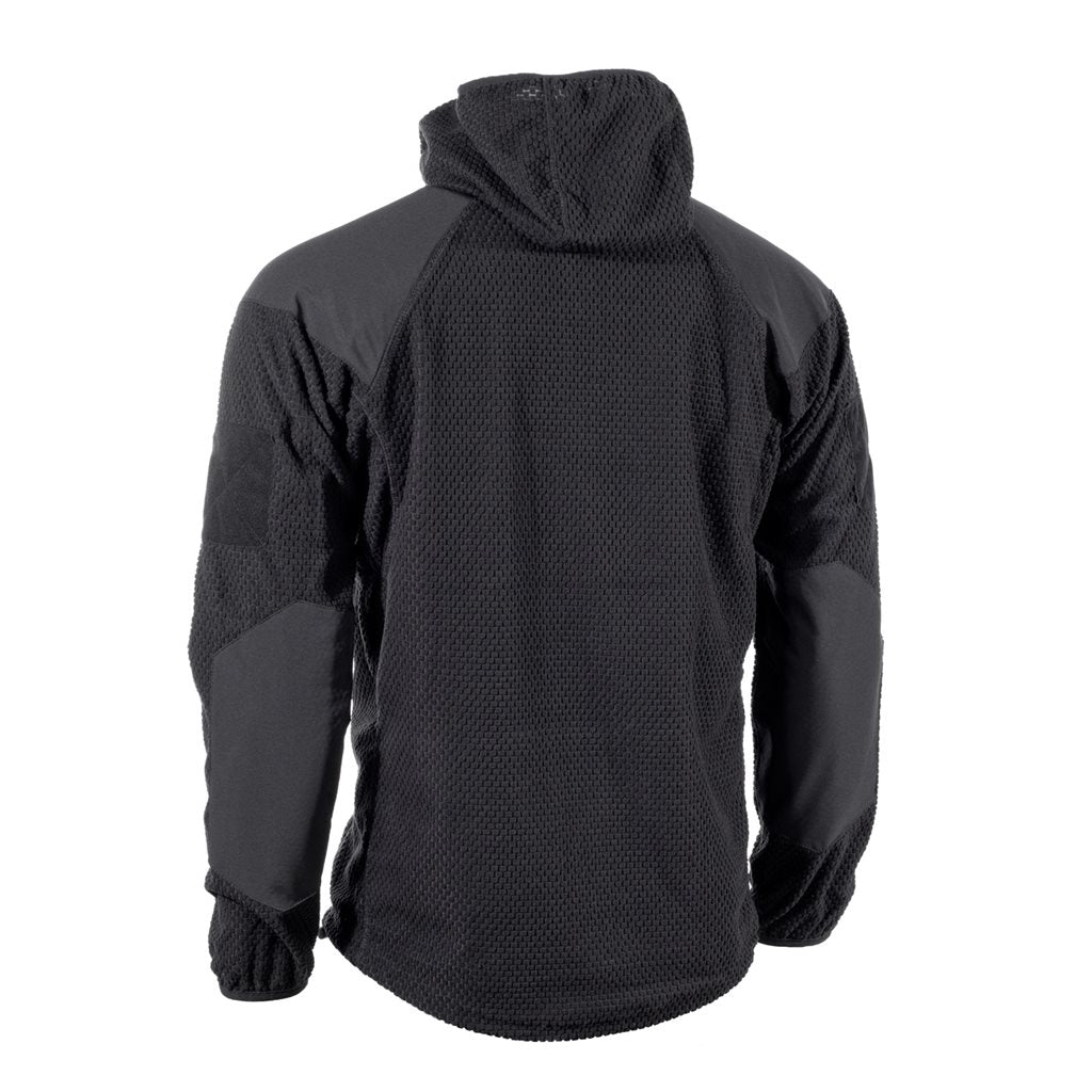 Chaqueta polar DELTA negra con cremallera y capucha, tejido vafle y refuerzos en hombros y codos