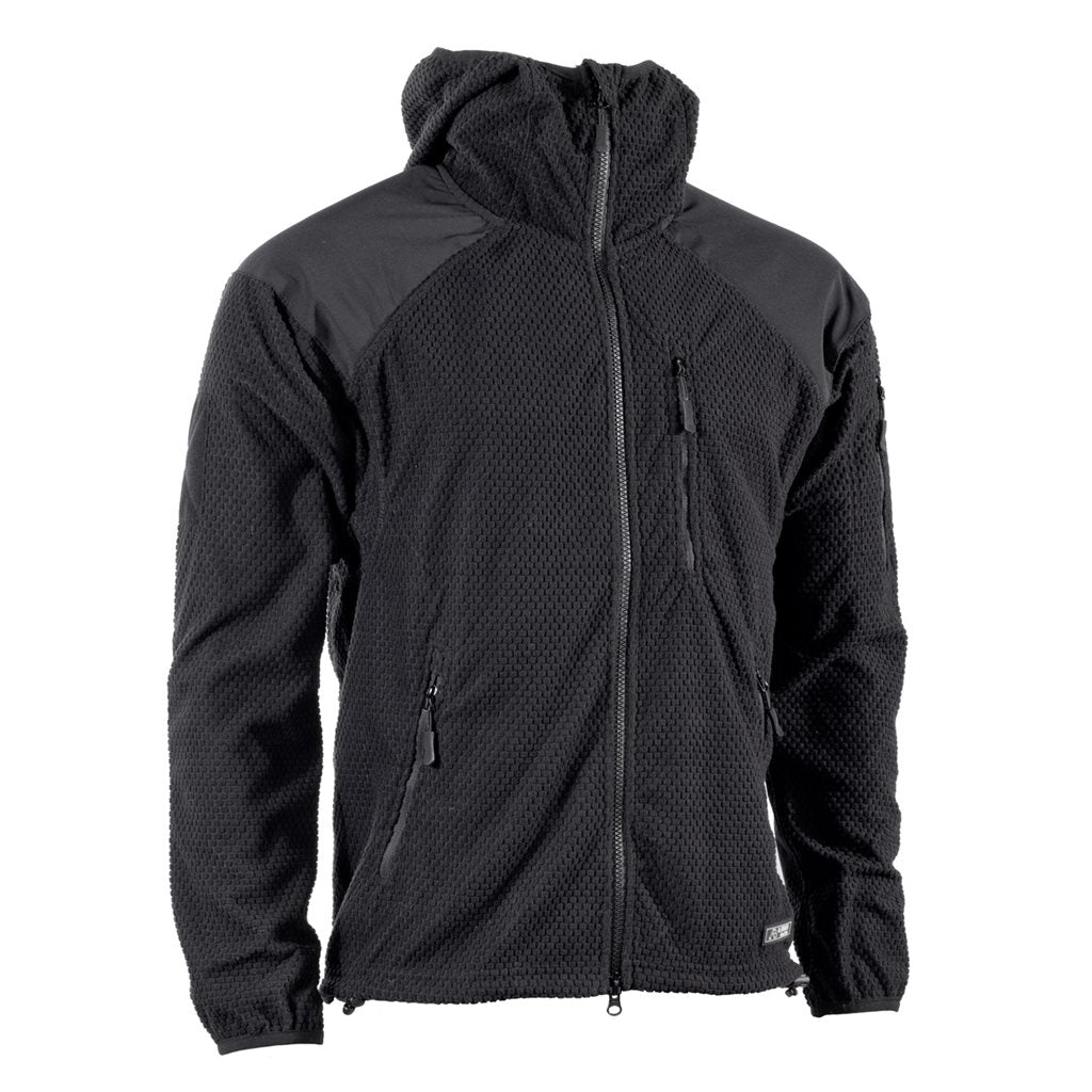 Chaqueta polar DELTA negra con cremallera y capucha, tejido vafle y refuerzos en hombros y codos