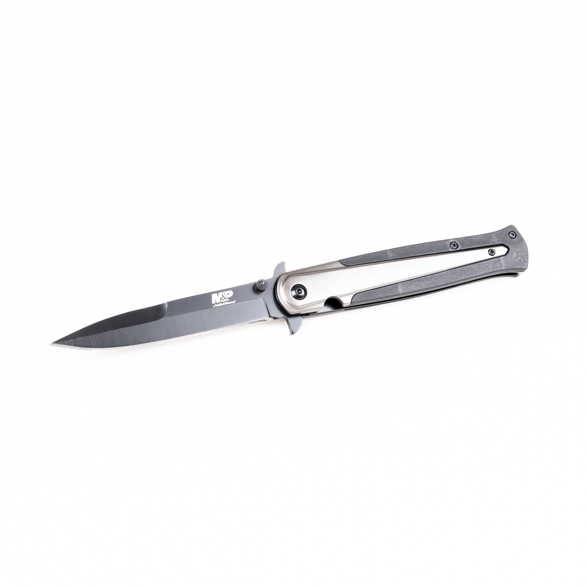 Navaja plegable Smith & Wesson 1085898 con hoja ennegrecida, mango acero y nylon, bloqueo LinerLock y clip