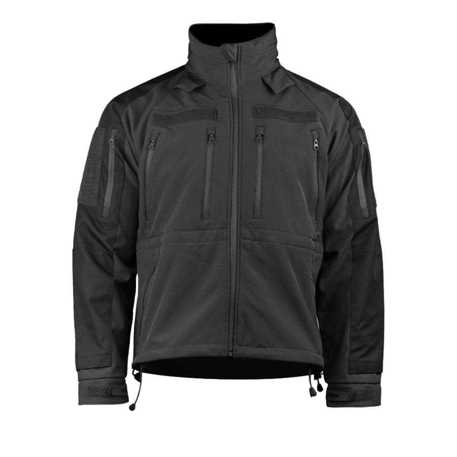 Chaqueta SOFTSHELL PLUS negra con múltiples bolsillos visible en imagen