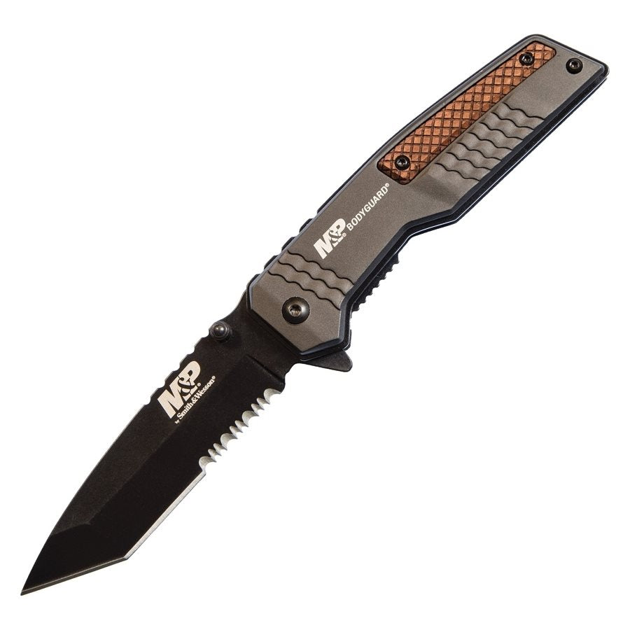Navaja plegable Smith & Wesson Tanto, hoja 8Cr13MoV con filo combinado, mango aluminio con inserto madera