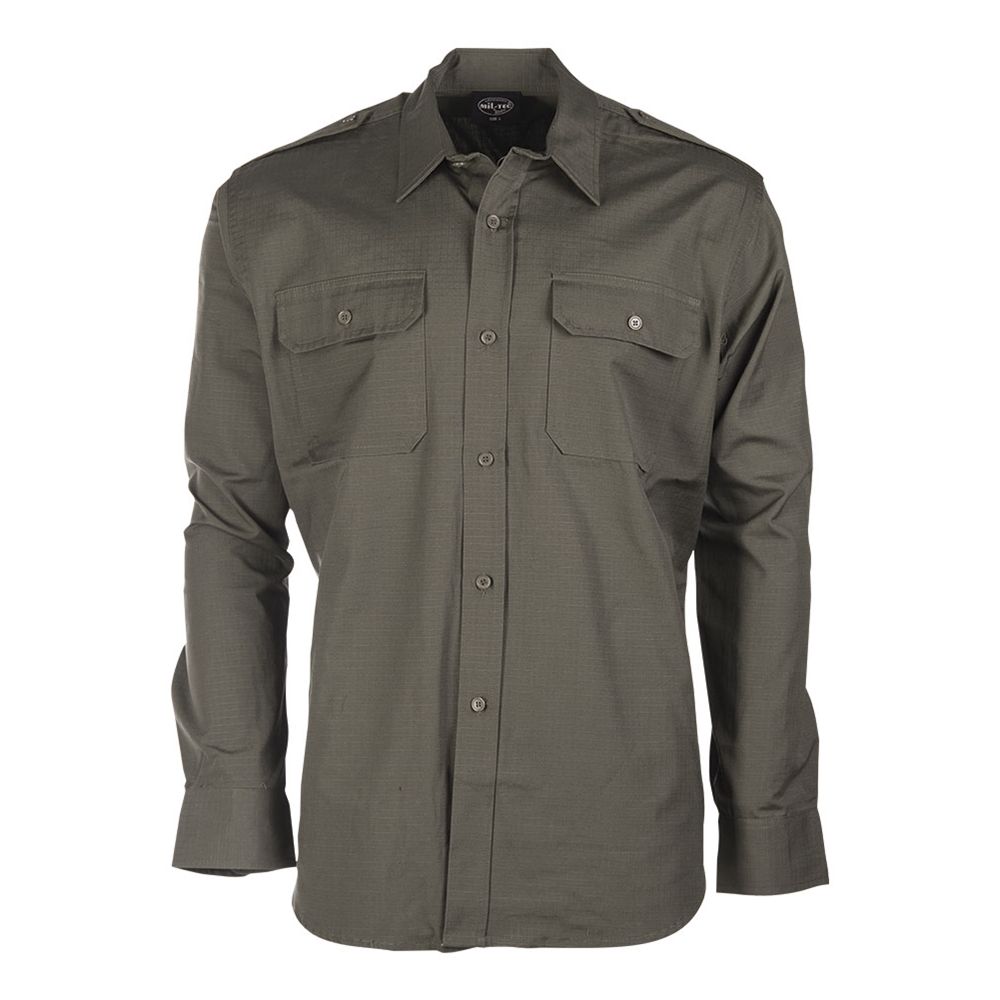 Camisa de campo verde rip-stop 100% algodon con dos bolsillos de pecho y hombreras
