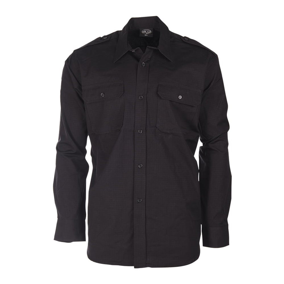 Camisa de campo negra ripstop 100% algodon con bolsillos de pecho y hombreras