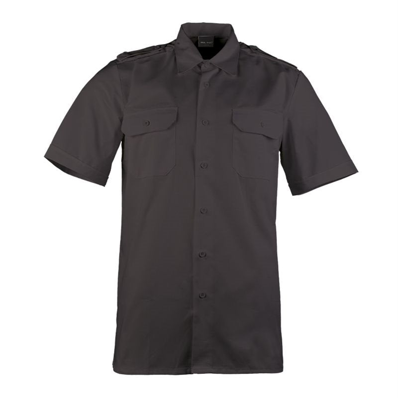 Camisa SERVIS negra de manga corta con bolsillos, hombreras y botones