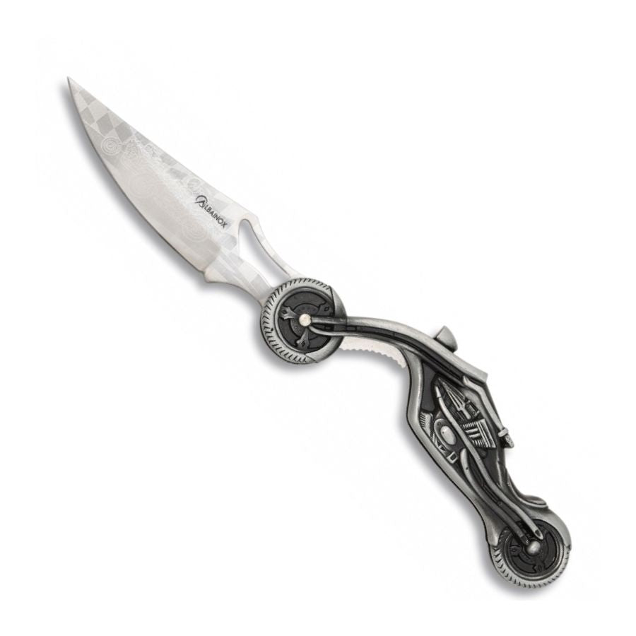 Navaja plegable con empuñadura en forma de motocicleta y hoja de acero inoxidable de 80 mm