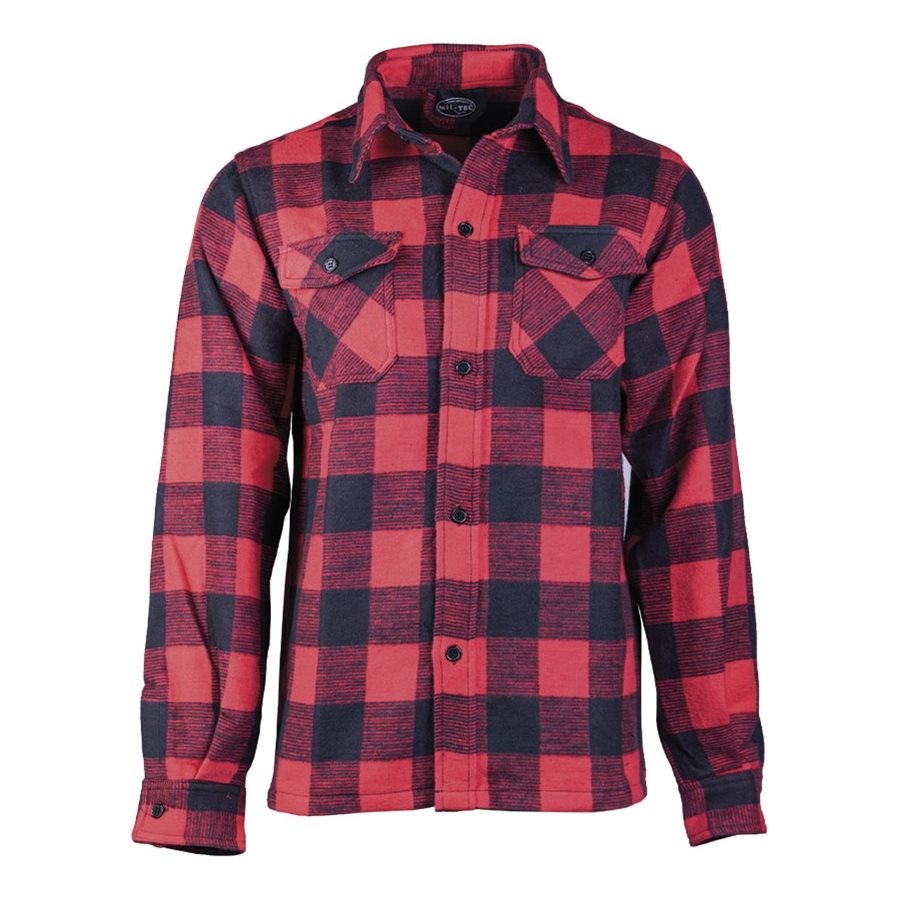 Camisa de leñador roja y negra a cuadros, algodón 330 g/m², manga larga y cierre de botones