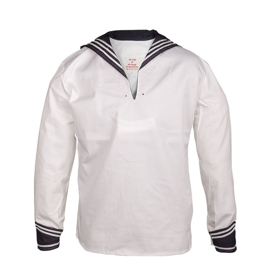 Camisa naval BW blanca con gran cuello y puños azules, botones dorados con ancla, 100% algodon