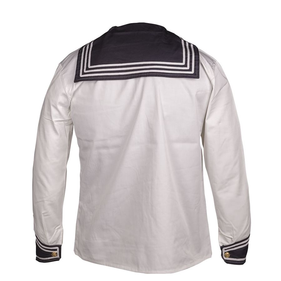 Camisa naval BW blanca con gran cuello y puños azules, botones dorados con ancla, 100% algodon
