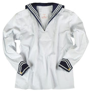 Camisa naval BW blanca con gran cuello y puños azules, botones dorados con ancla, 100% algodon
