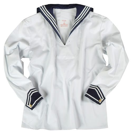 Camisa naval BW blanca con gran cuello y puños azules, botones dorados con ancla, 100% algodon