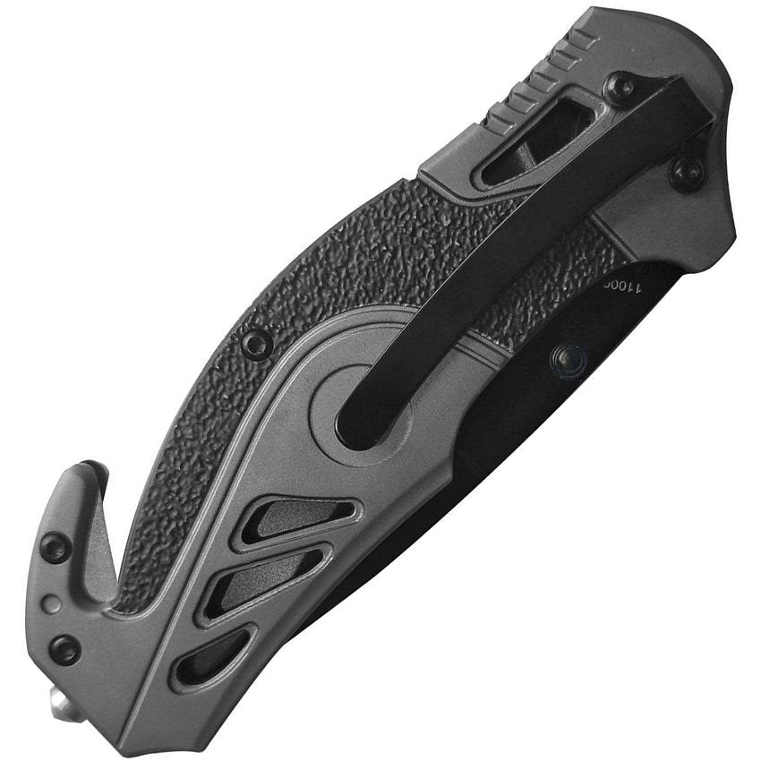 Cuchillo plegable gris 1100038 con hoja drop point, filo combinado y cortador