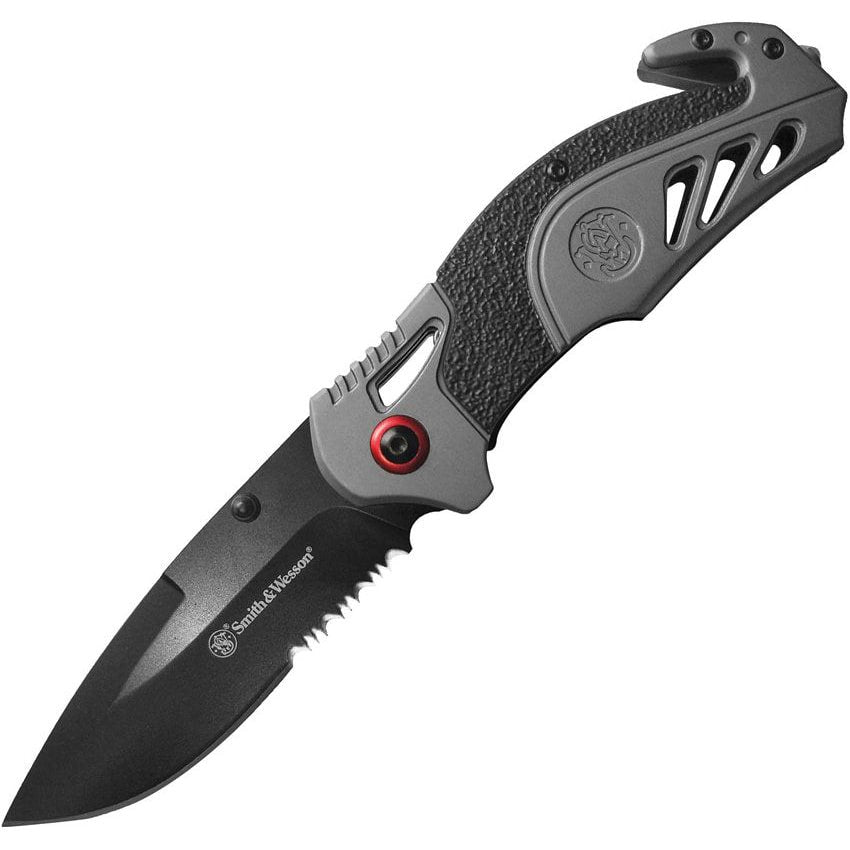 Cuchillo plegable gris 1100038 con hoja drop point, filo combinado y cortador
