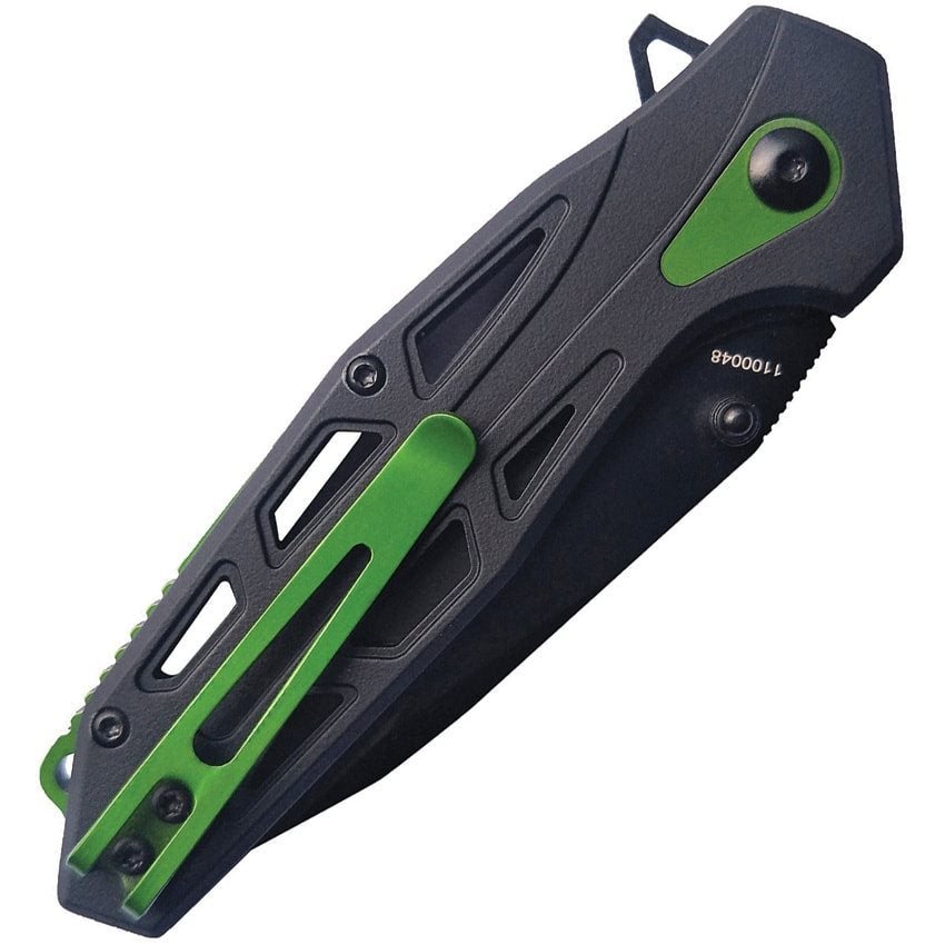 Navaja plegable negra y verde con hoja Drop Point en acero 9Cr18MoV y seguro LinerLock