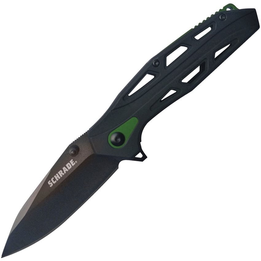 Navaja plegable negra y verde con hoja Drop Point en acero 9Cr18MoV y seguro LinerLock