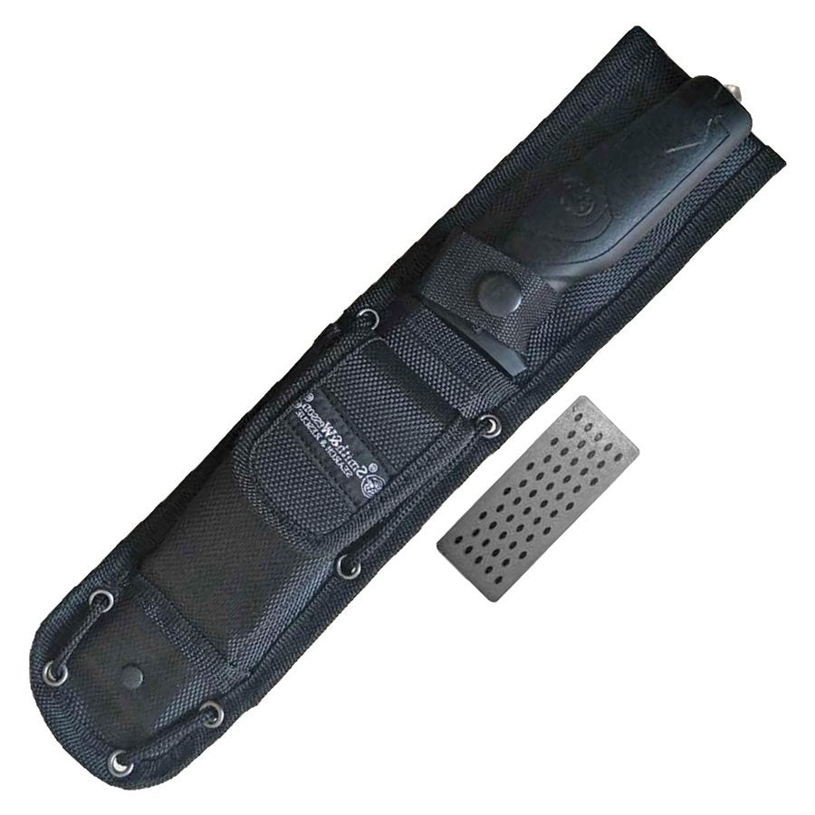 Cuchillo fijo SEARCH and RESCUE con filo parcialmente dentado y funda de nylon negra con afilador