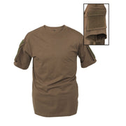 Camiseta táctica verde de manga corta con bolsillo en la manga y panel de velcro para parches