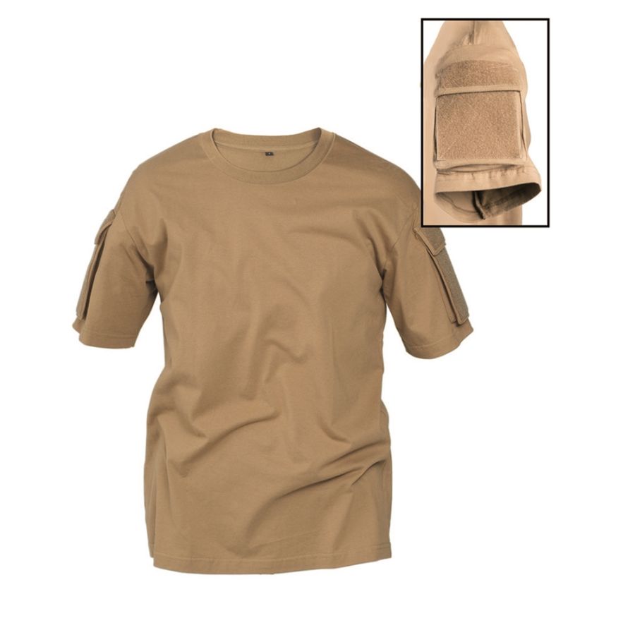 Camiseta táctica COYOTE manga corta 100% algodón con bolsillo y panel de velcro para parches