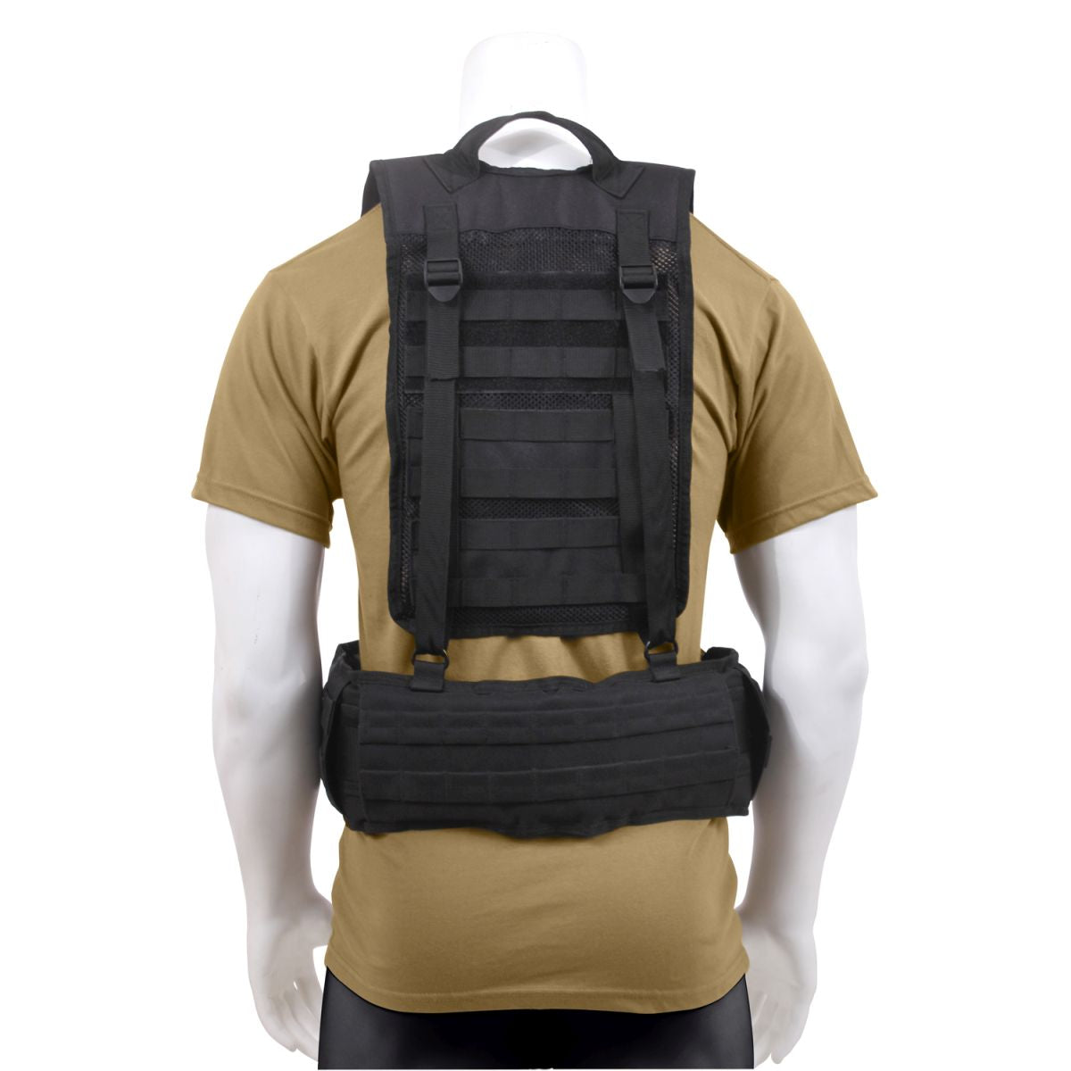 Tirantes tácticos Treky Battle Harness negros con panel velcro en la espalda y cintas MOLLE, poliéster 600D