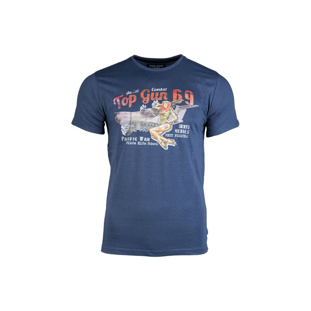 Camiseta azul de manga corta con motivo PIN UP en el pecho.