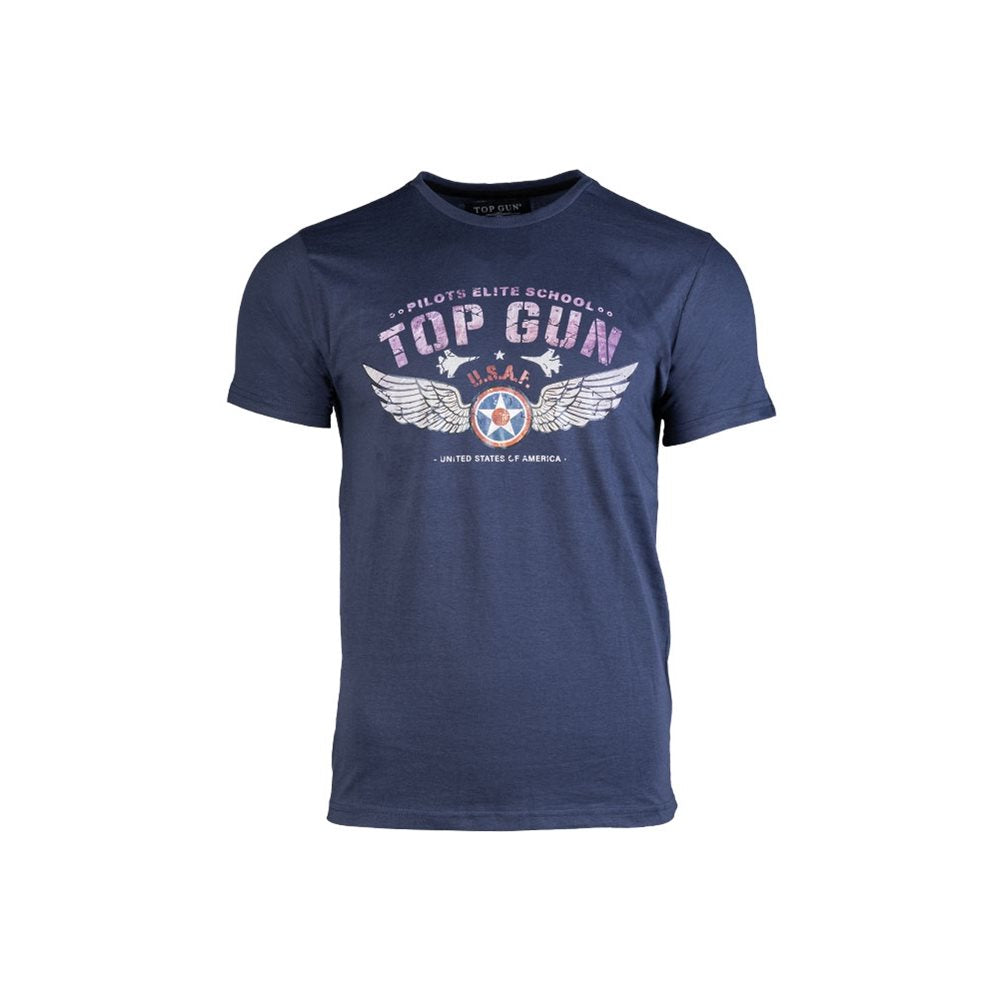 Camiseta azul PILOTS ELITE SCHOOL con motivo de aviación en el pecho