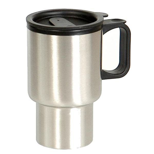 Taza térmica plateada de acero inoxidable 400 ml con asa y tapa de plástico