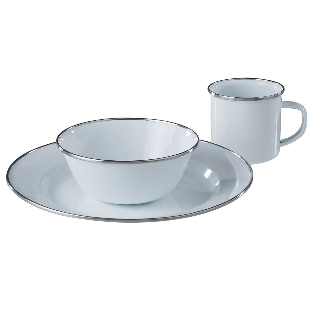Vajilla de camping esmaltada blanca para 4 personas con tazas, platos y cuencos