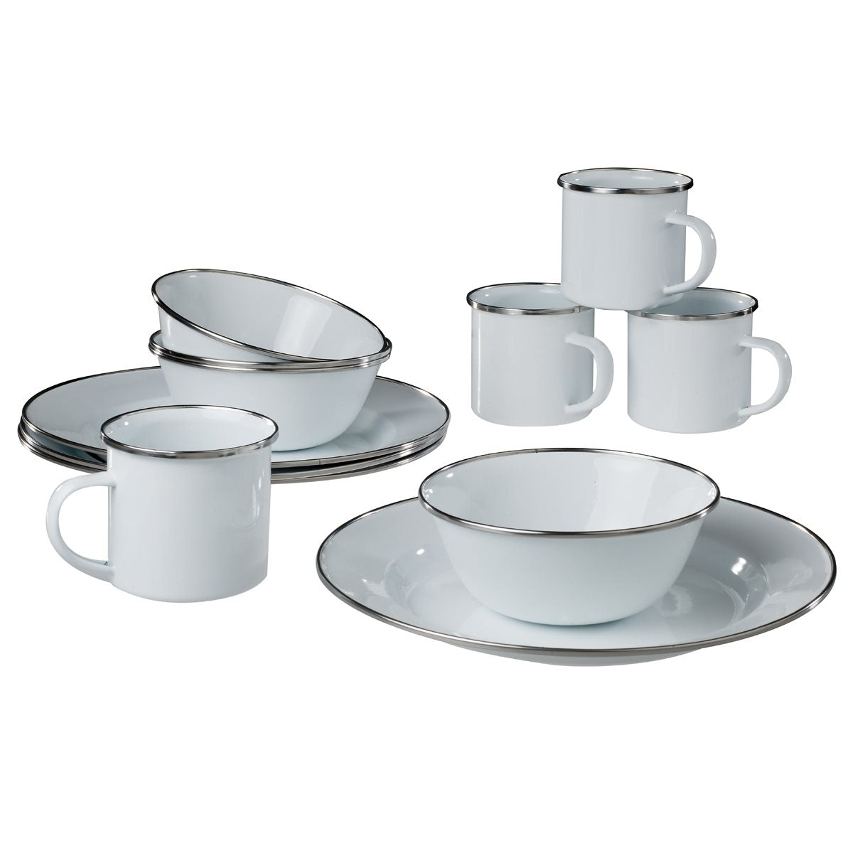 Vajilla de camping esmaltada blanca para 4 personas con tazas, platos y cuencos