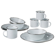 Vajilla de camping esmaltada blanca para 4 personas con tazas, platos y cuencos