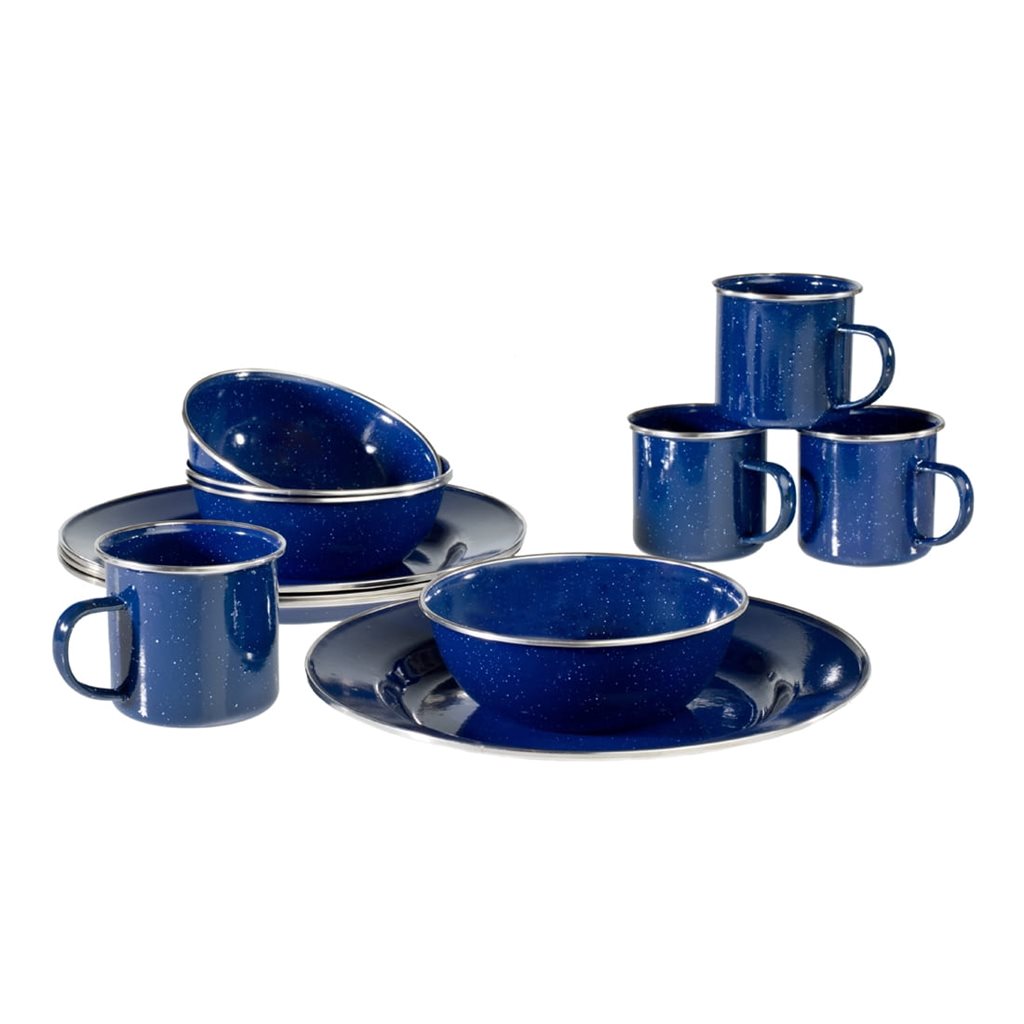 Set de vajilla esmaltada WESTERN 12 piezas azul con borde: 4 platos 26 cm, 4 cuencos 16 cm, 4 tazas 8 cm