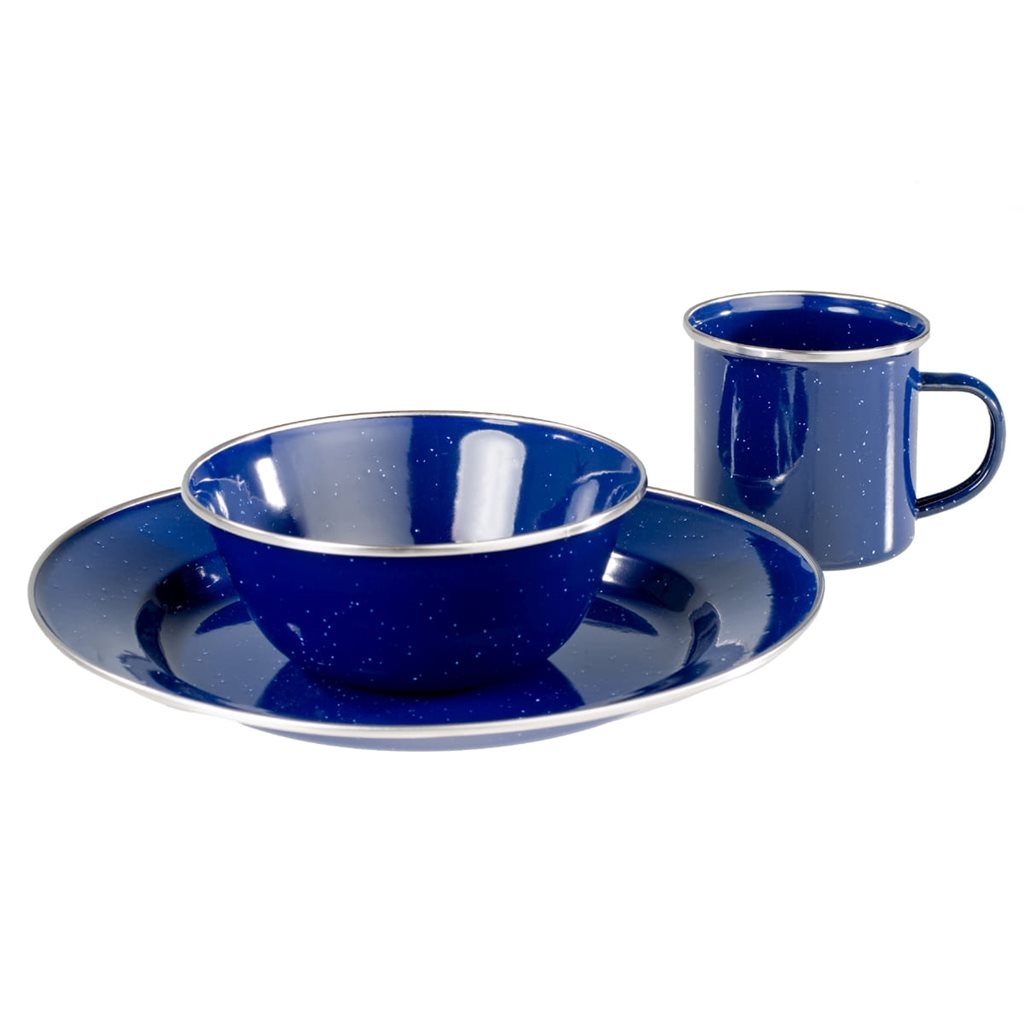 Set de vajilla esmaltada WESTERN 12 piezas azul con borde: 4 platos 26 cm, 4 cuencos 16 cm, 4 tazas 8 cm