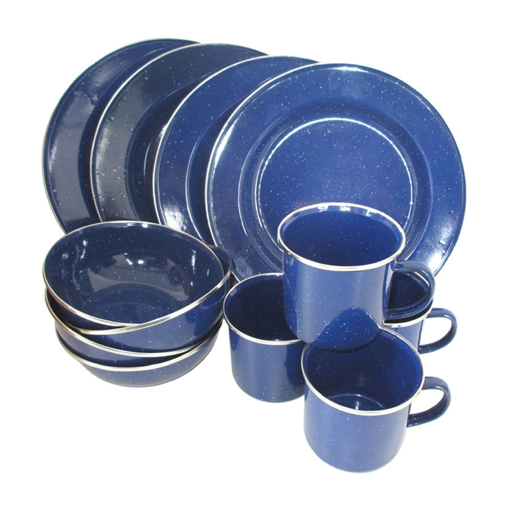 Set de vajilla esmaltada WESTERN 12 piezas azul con borde: 4 platos 26 cm, 4 cuencos 16 cm, 4 tazas 8 cm