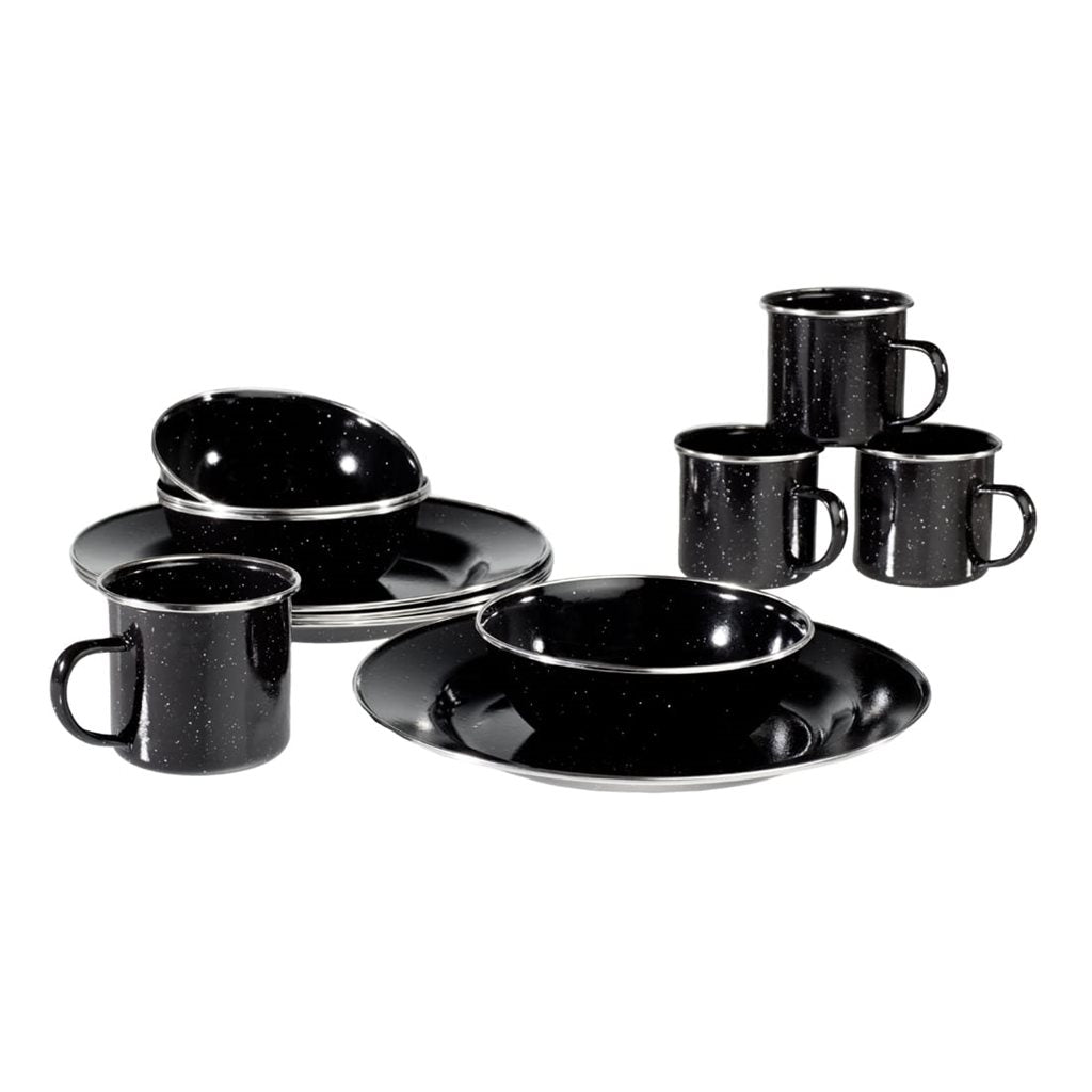 Set de vajilla esmaltada WESTERN 12 piezas azul con borde: 4 platos 26 cm, 4 cuencos 16 cm, 4 tazas 8 cm