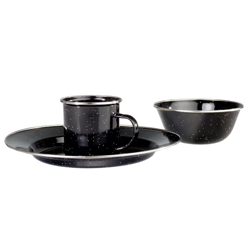 Set de vajilla esmaltada WESTERN 12 piezas azul con borde: 4 platos 26 cm, 4 cuencos 16 cm, 4 tazas 8 cm