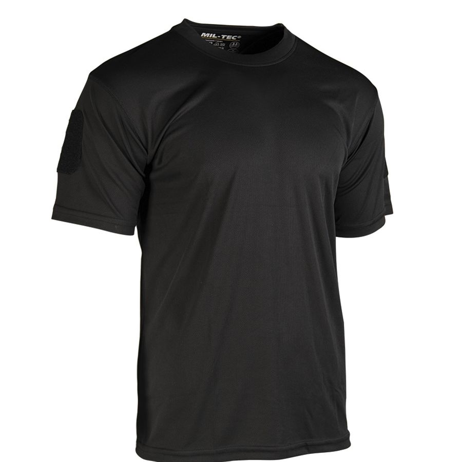 Camiseta táctica Quick Dry negra manga corta con paneles de velcro 100 x 70 mm